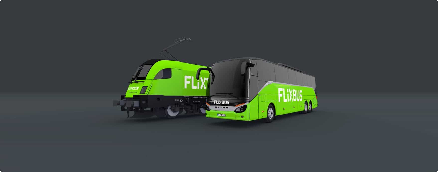 Flixtrain and flixbus vehicles on a black background